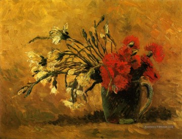 Vase aux oeillets rouges et blancs sur fond jaune Vincent van Gogh Fleurs impressionnistes Peinture à l'huile